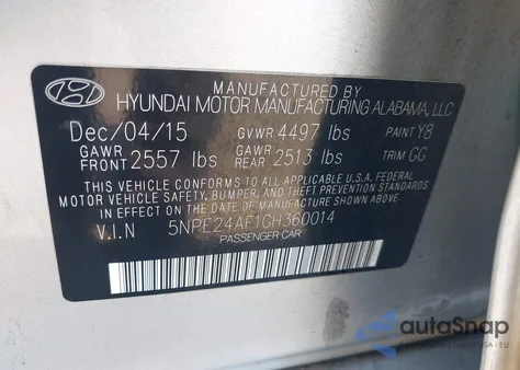 2016 Hyundai Sonata Se z USA, uszkodzony, nr VIN 5NPE24AF1GH360014